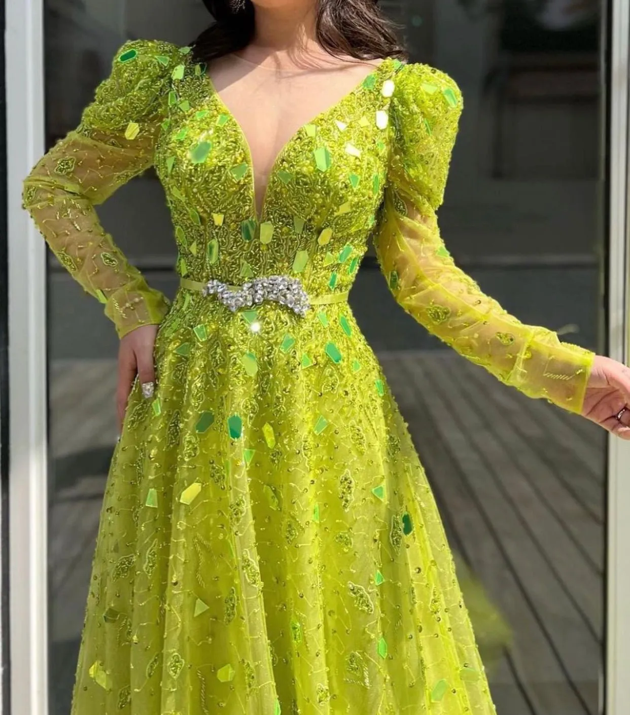 Neon Yellow Red Carpet Luxury Evening Dress