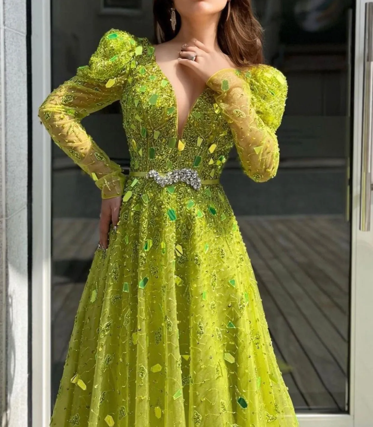 Neon Yellow Red Carpet Luxury Evening Dress