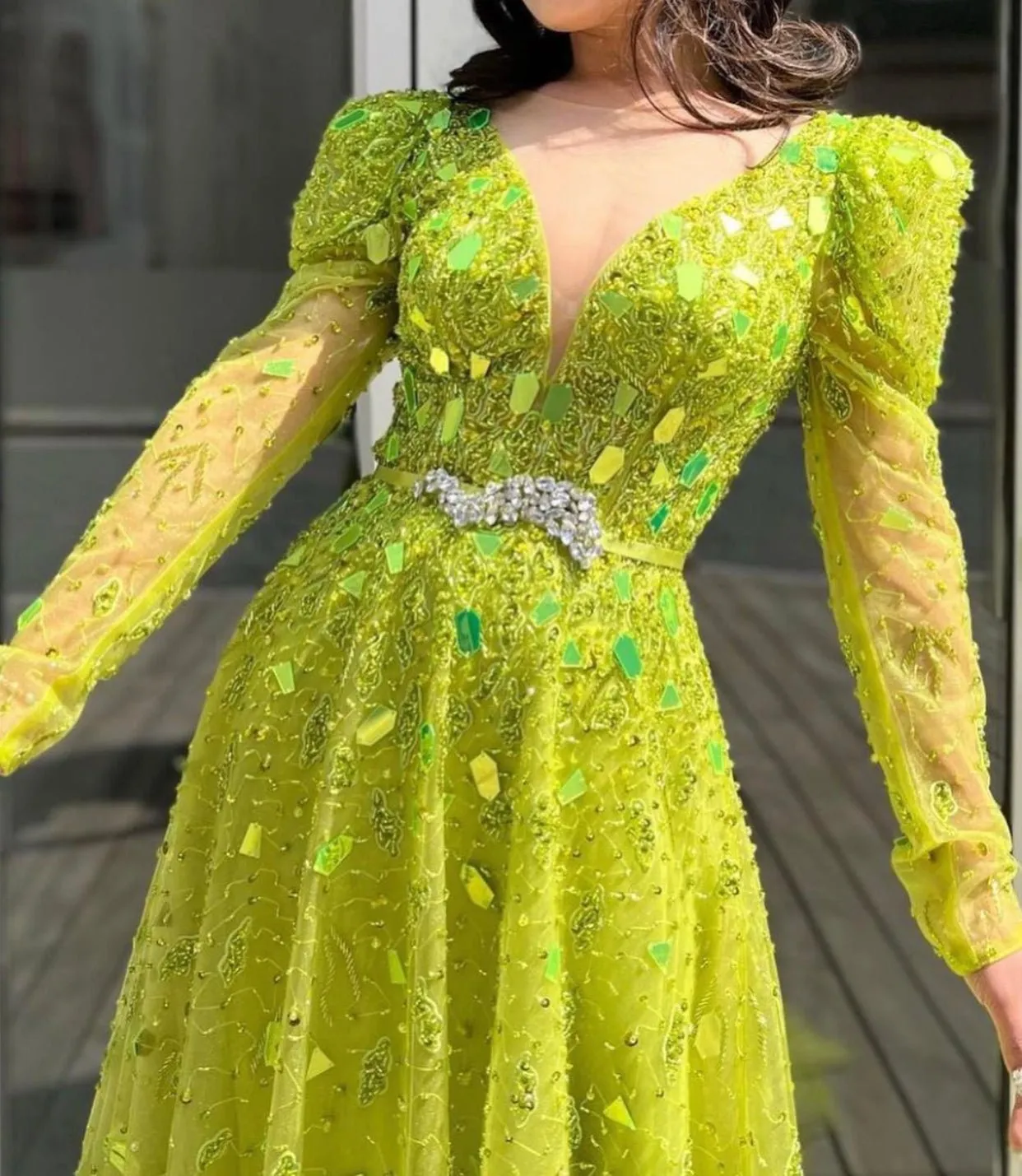 Neon Yellow Red Carpet Luxury Evening Dress