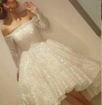 Noble Sparkle White Sequined Lace Prom Dress Sexy Off The Shoulder Long Sleeves Party Dress