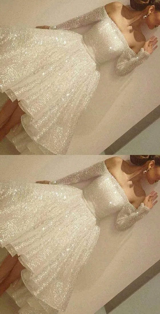 Noble Sparkle White Sequined Lace Prom Dress Sexy Off The Shoulder Long Sleeves Party Dress