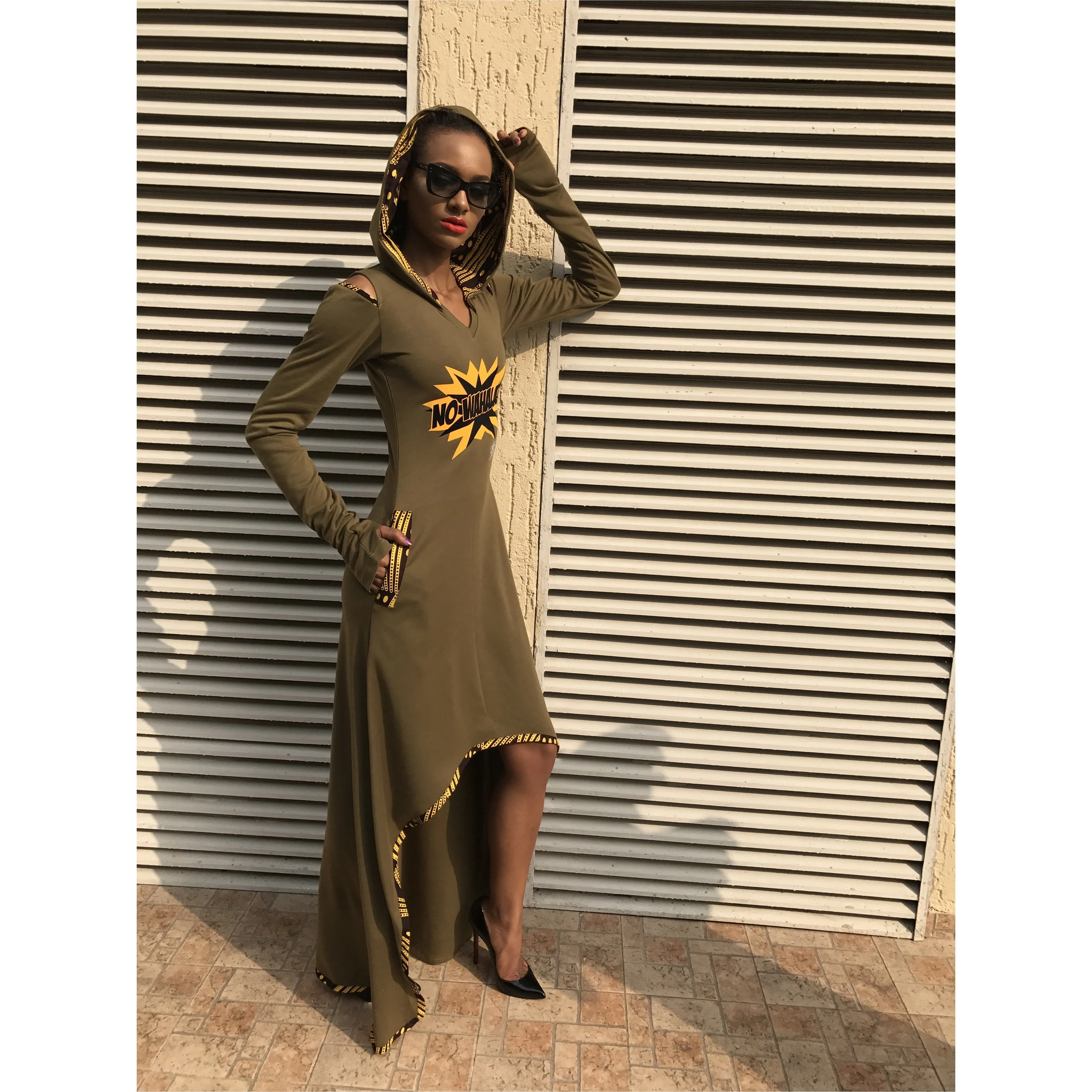 Olive No Wahala Hooded Dress, Hi Low, Midi or Maxi Length