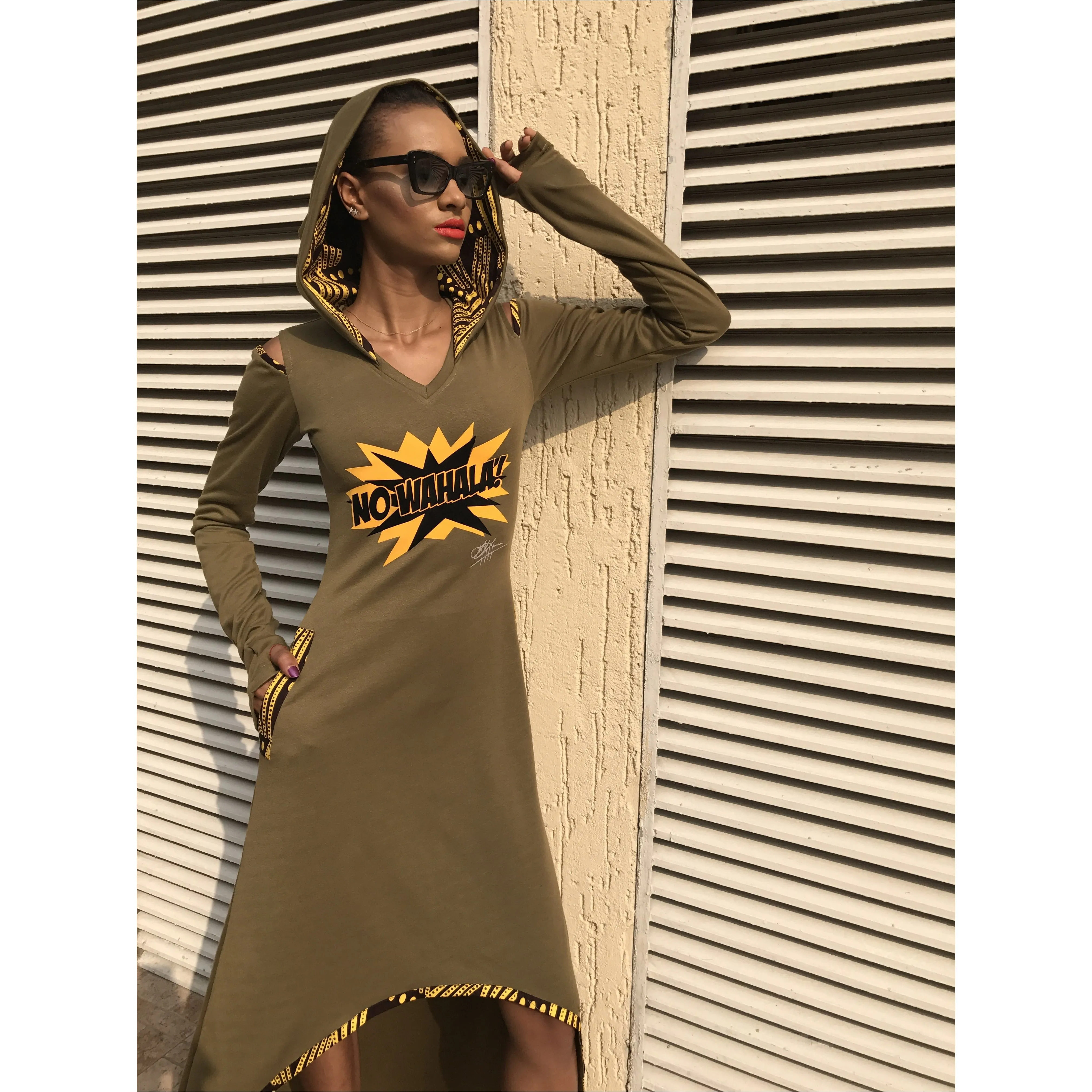 Olive No Wahala Hooded Dress, Hi Low, Midi or Maxi Length