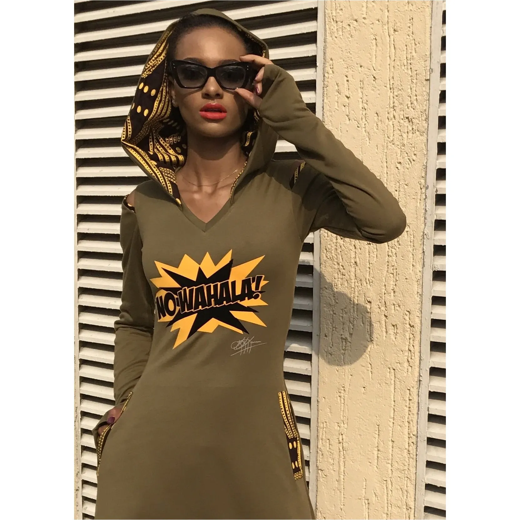 Olive No Wahala Hooded Dress, Hi Low, Midi or Maxi Length