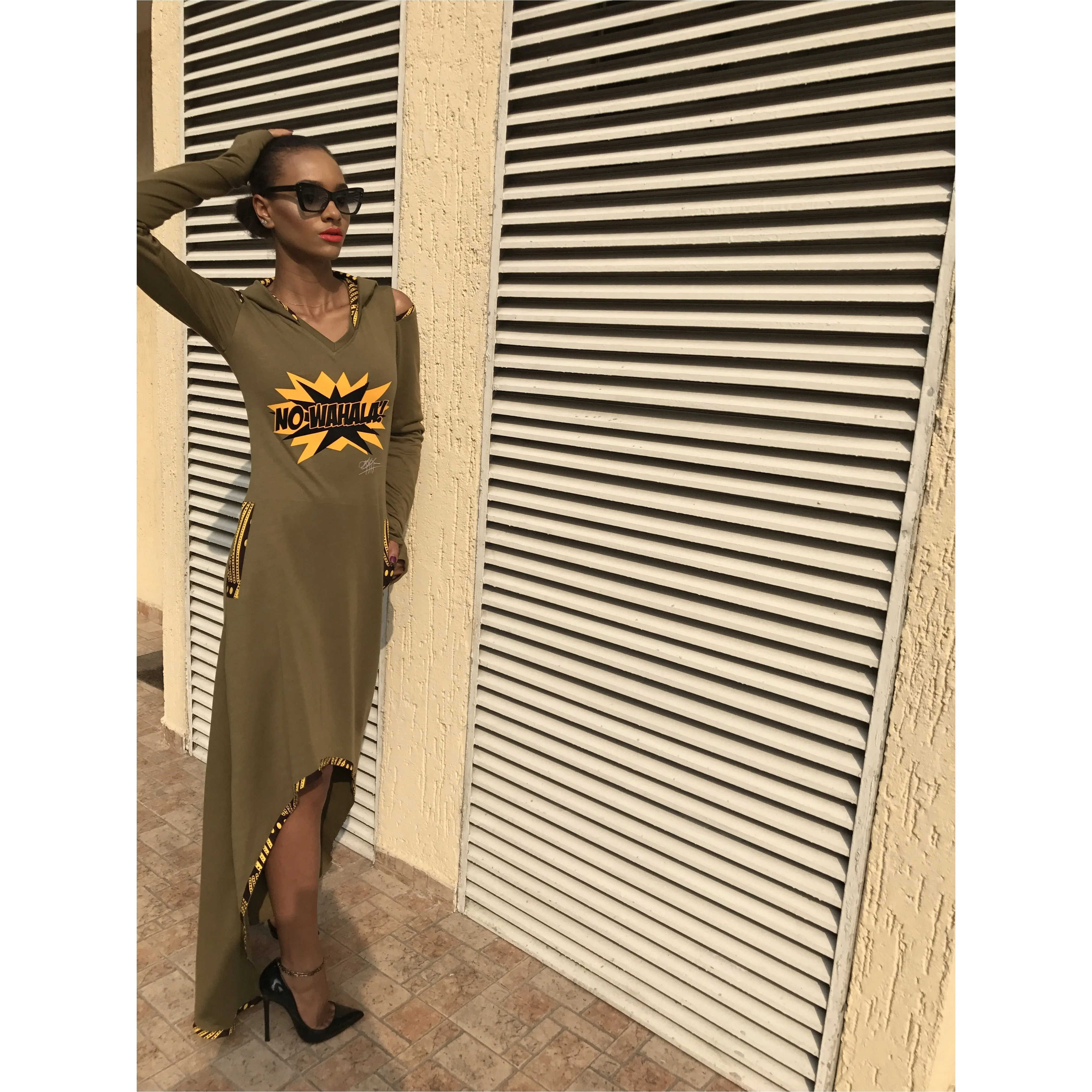 Olive No Wahala Hooded Dress, Hi Low, Midi or Maxi Length