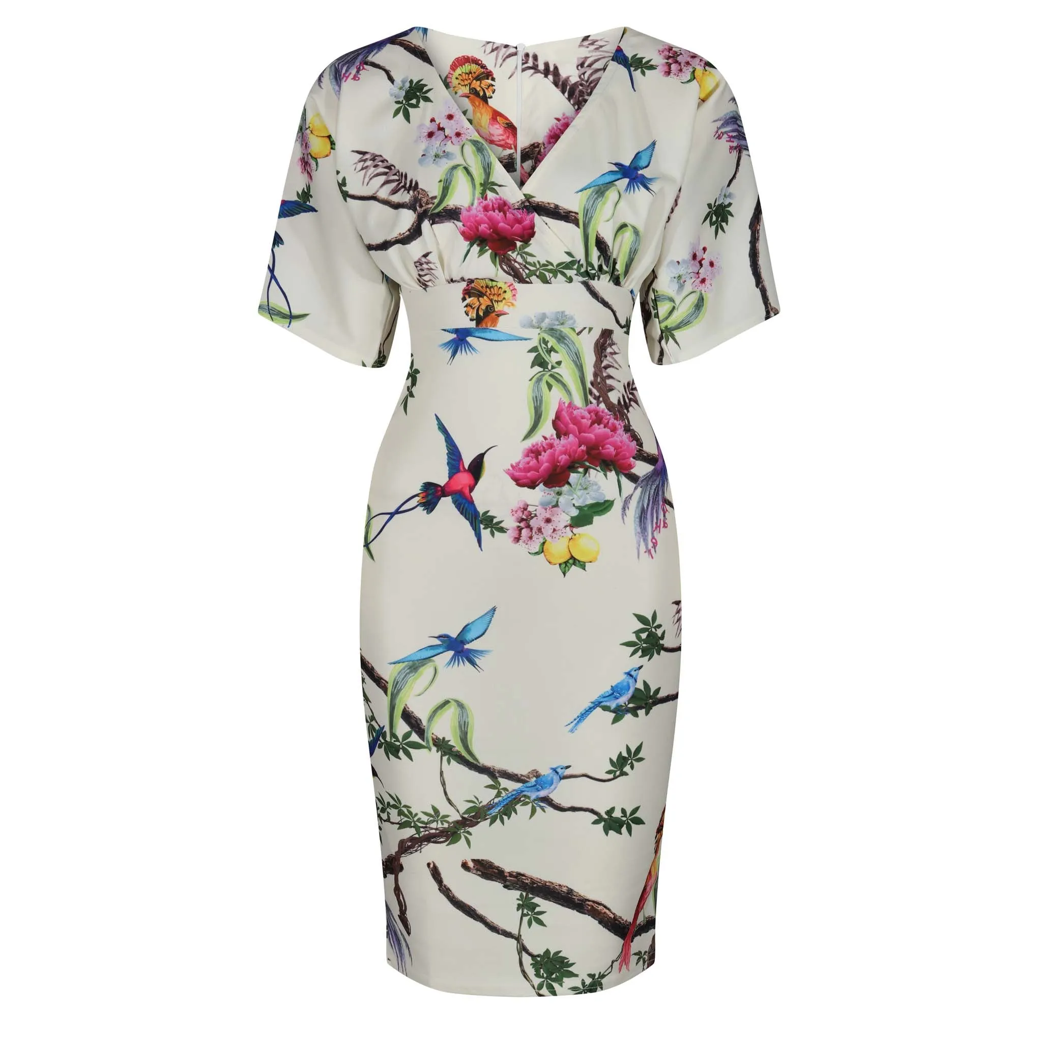 Pale Yellow Floral Bird Half Batwing Sleeve Crossover Top Pencil Dress