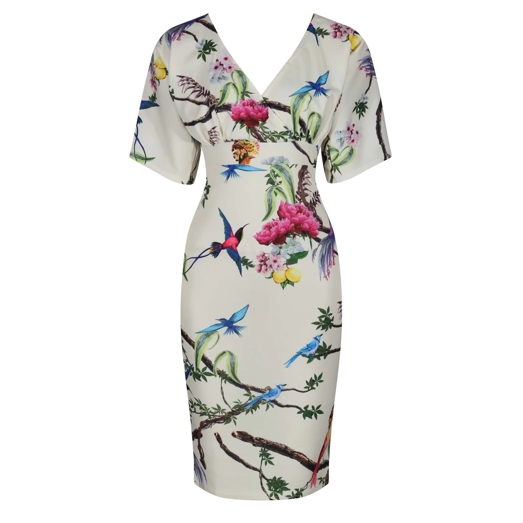 Pale Yellow Floral Bird Half Batwing Sleeve Crossover Top Pencil Dress