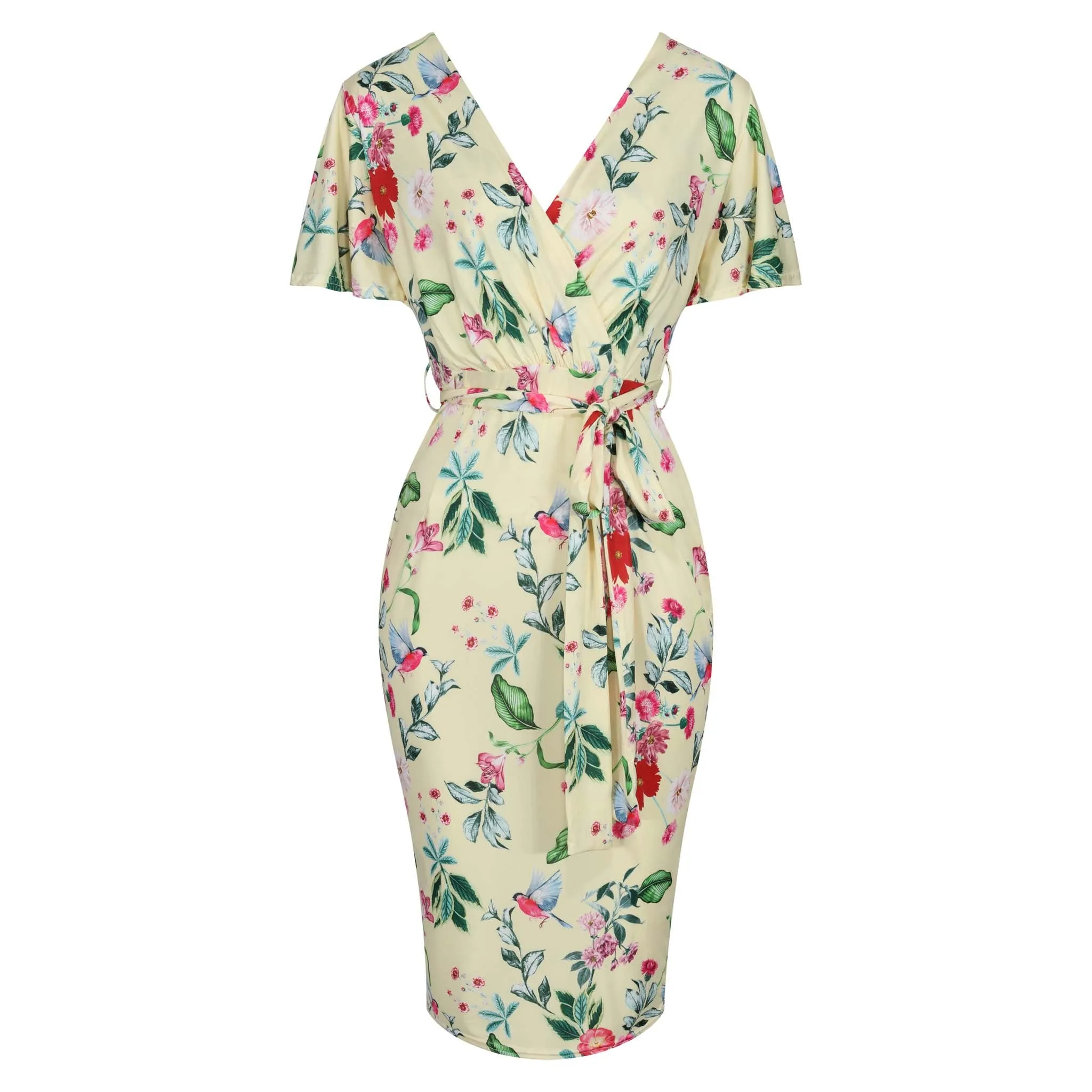 Pale Yellow Floral Print Waterfall Sleeve Crossover Pencil Dress