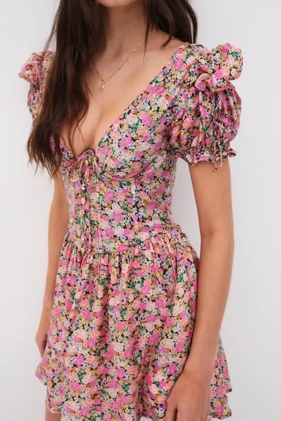 Paulina Puff Sleeve Mini Dress - multi floral