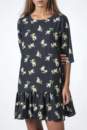 Phoebe SS Shift Ruffle Hem Navy Floral Dress