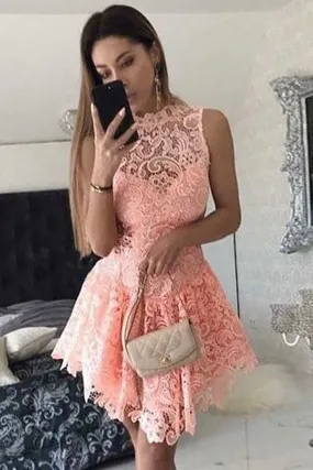 Pink Sleeveless Lace Appliques Sheer Back Short Homecoming Dresses