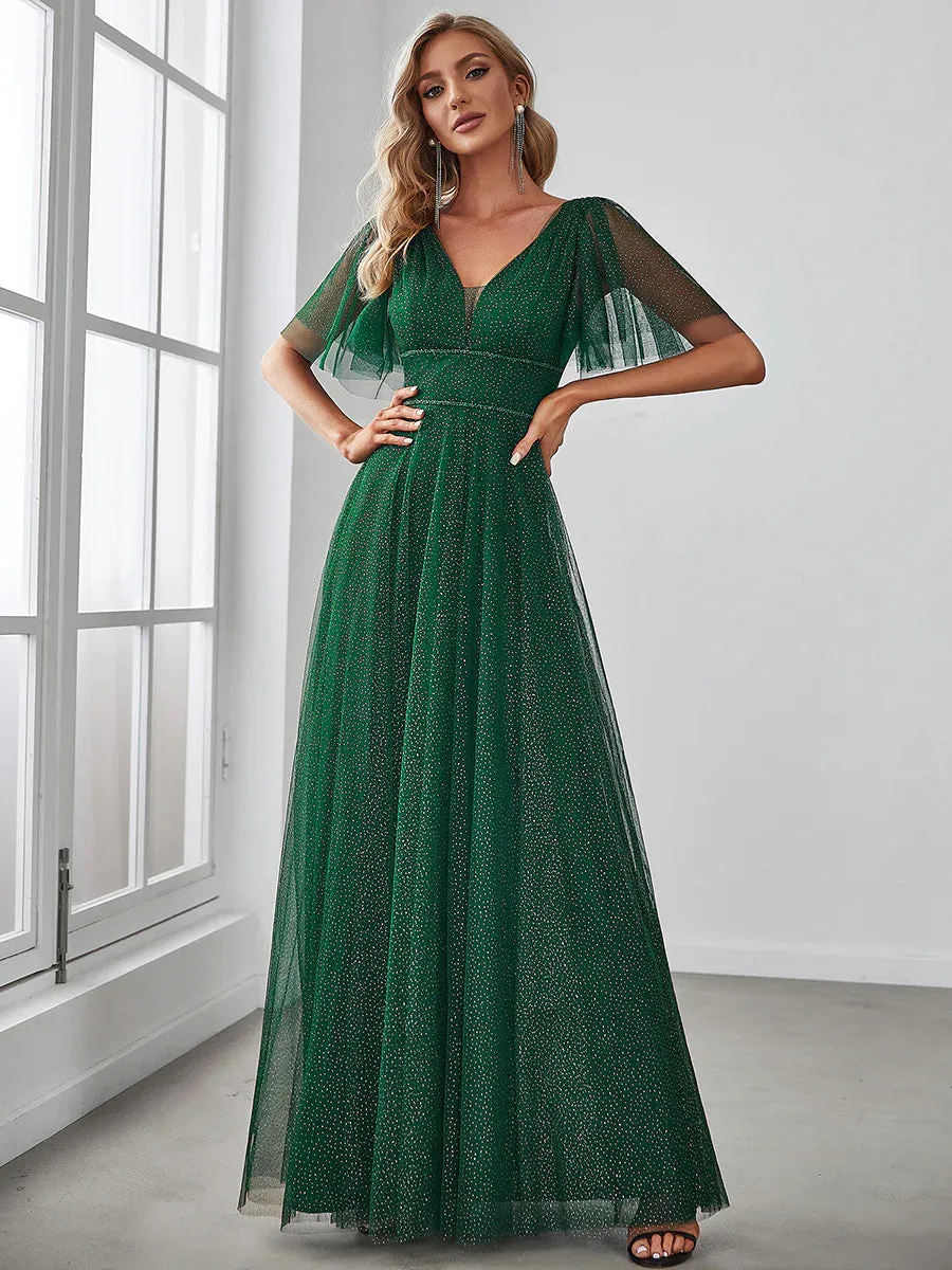 Plunging Neckline Sparkly Evening Dress