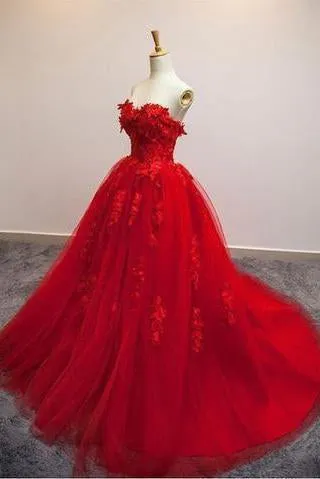 Red Ball Gown Tulle Strapless Generous Floral Fashion Quinceanera Prom Dresses