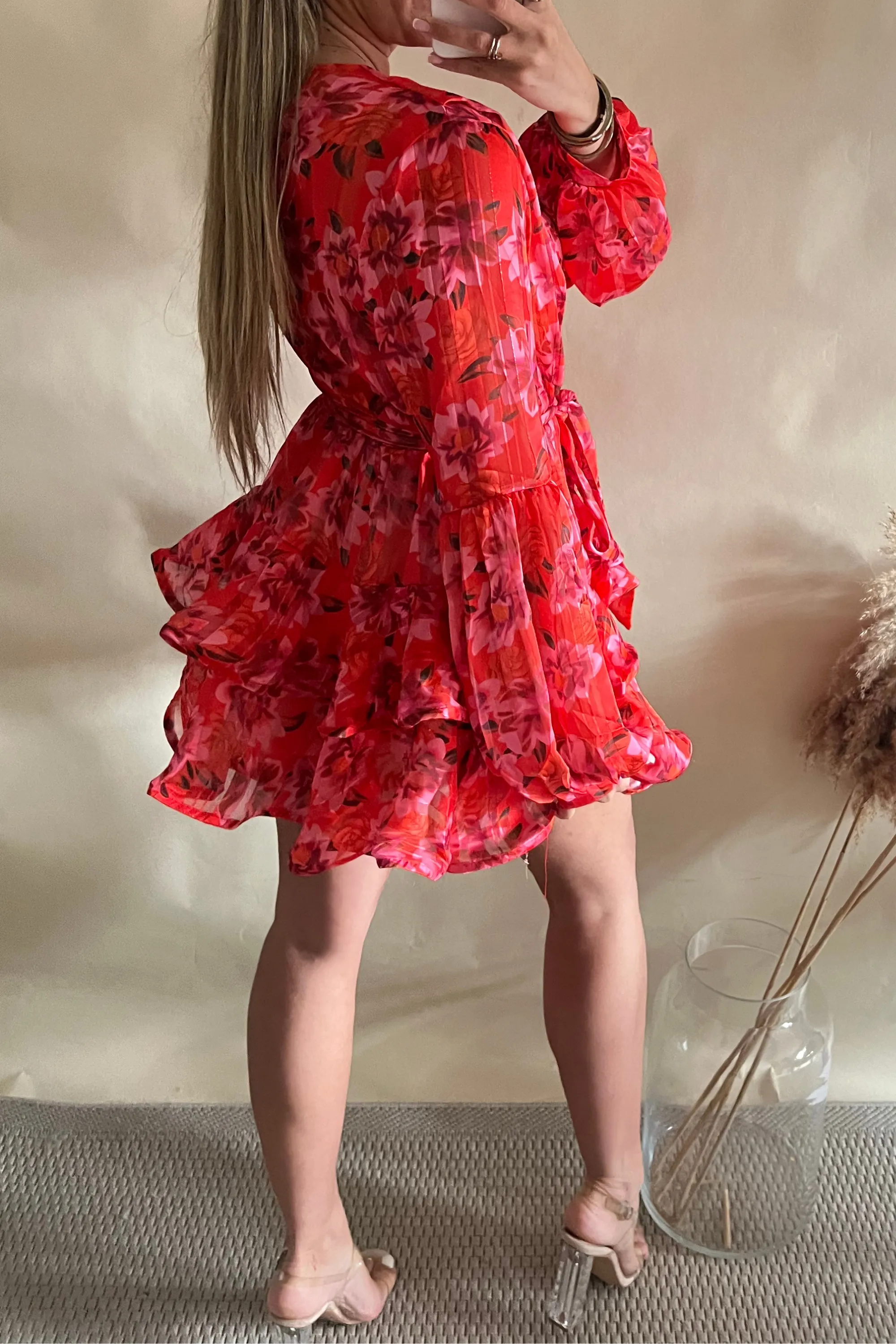 Red floral swing floaty dress