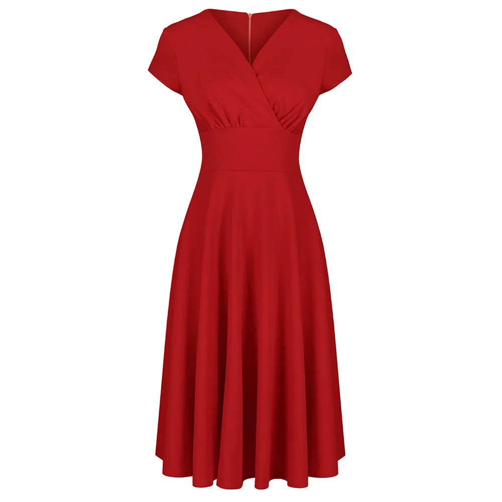 Red Vintage A Line Crossover Capped Sleeve Tea Swing Dress