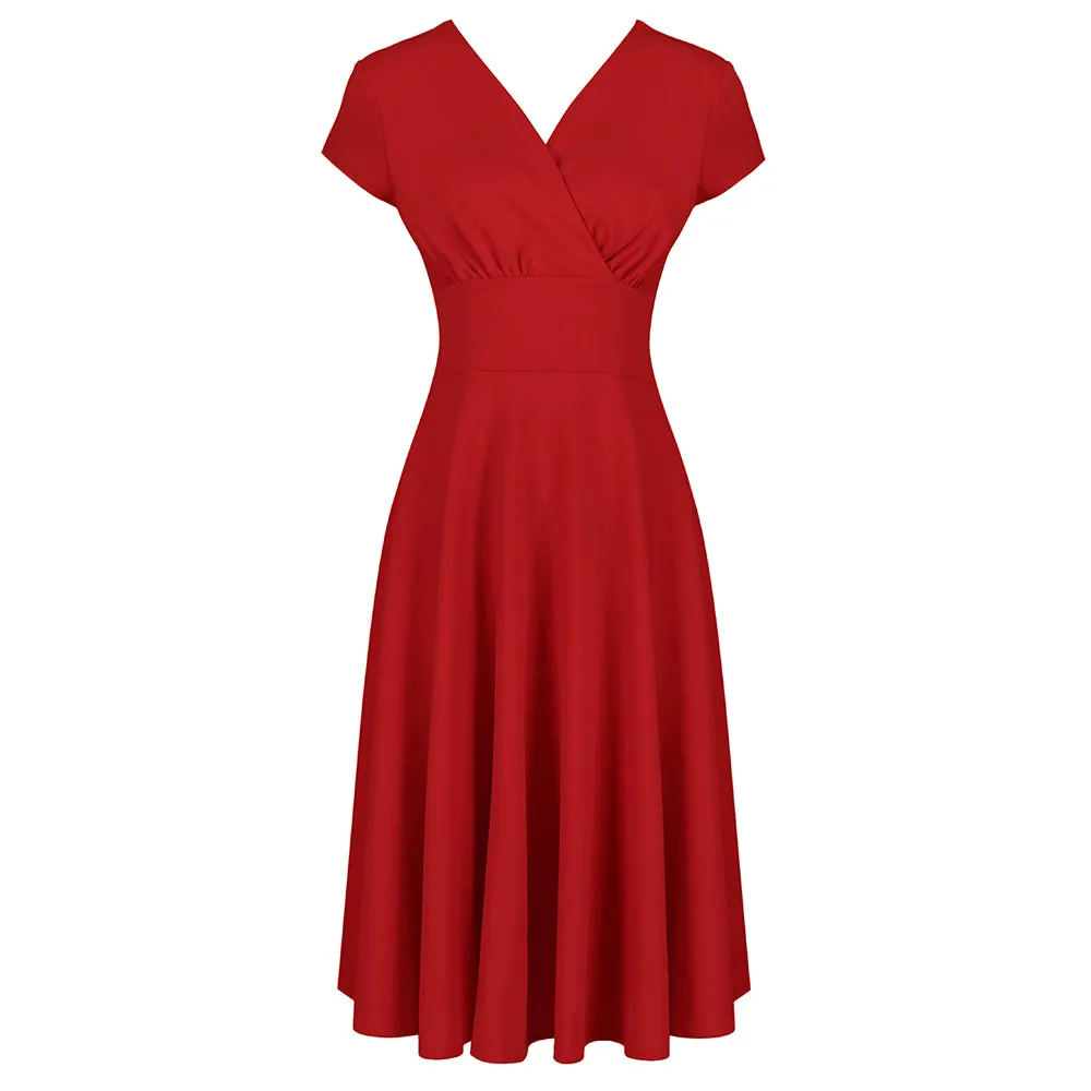 Red Vintage A Line Crossover Capped Sleeve Tea Swing Dress