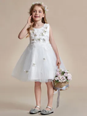 Robe de fille de fleur en tulle sans manches brodée de papillons