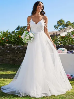 Robe de mariée brodée à col en V et bretelles perlées avec ligne A