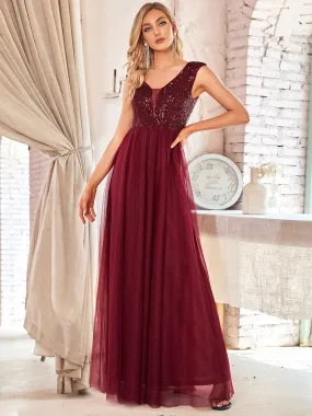 Robe de Soirée Longue à Paillettes et Col en V Profond