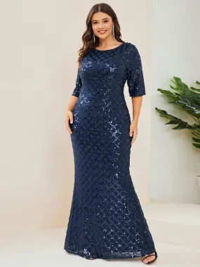 Robe de Soirée Moulante à Paillettes à Manches 3/4 et Col Bateau de Grande Taille