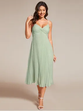 Robe d'invité de mariage dos nu plissée en mousseline de soie mi-longue avec col en V