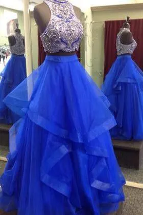 Royal Blue Two Piece Beaded Bodice Tulle Skirt Ball Gown Halter Sleeveless Prom Dresses