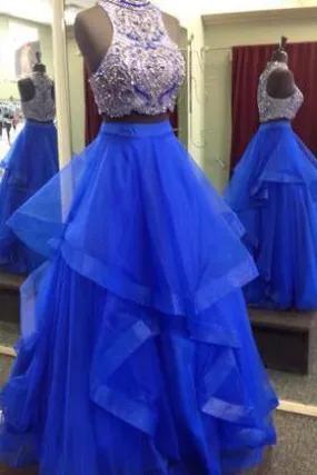 Royal Blue Two Piece Beaded Bodice Tulle Skirt Ball Gown Halter Sleeveless Prom Dresses