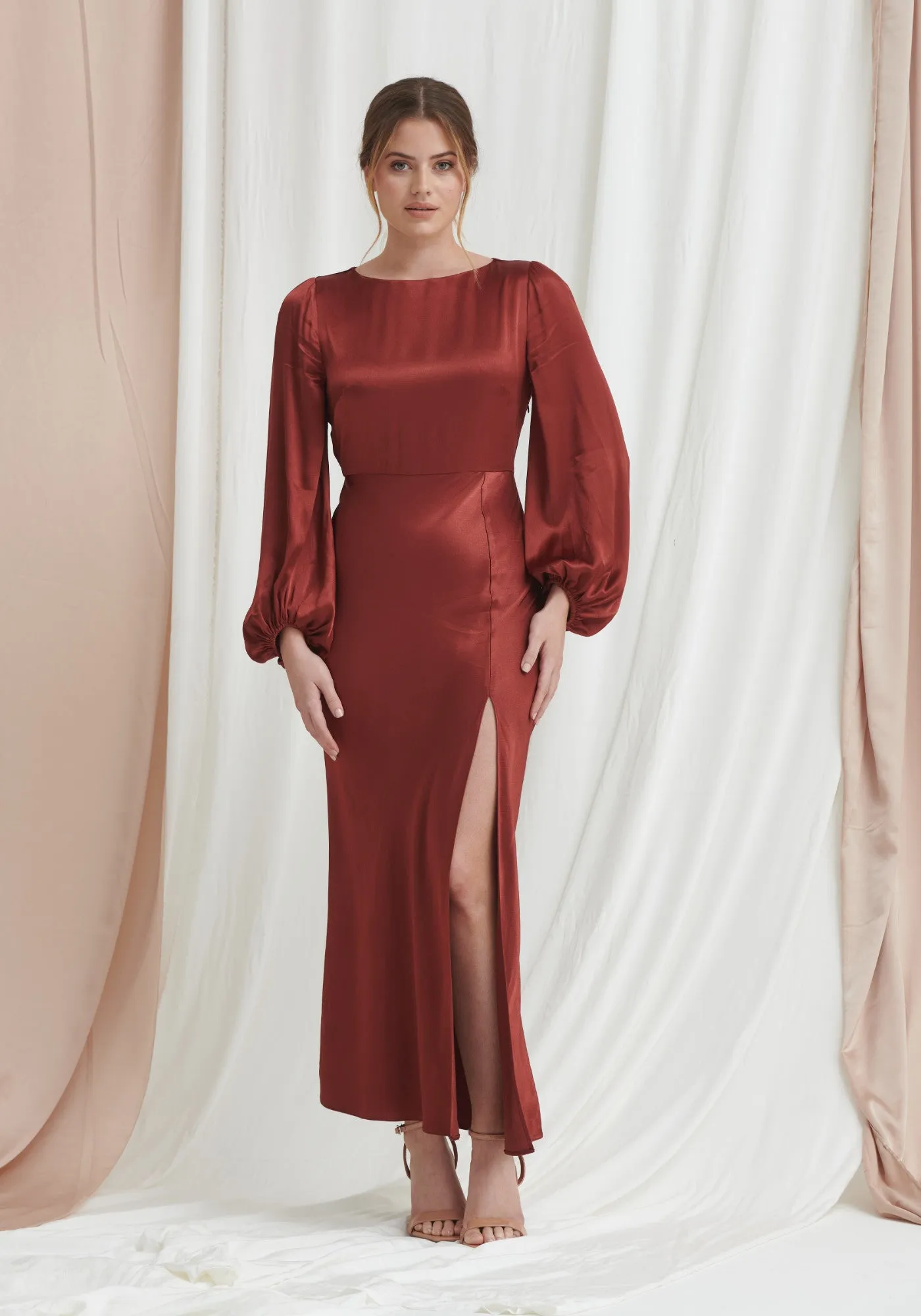 Sara Long Sleeve Split Satin Dress - Dark Rust