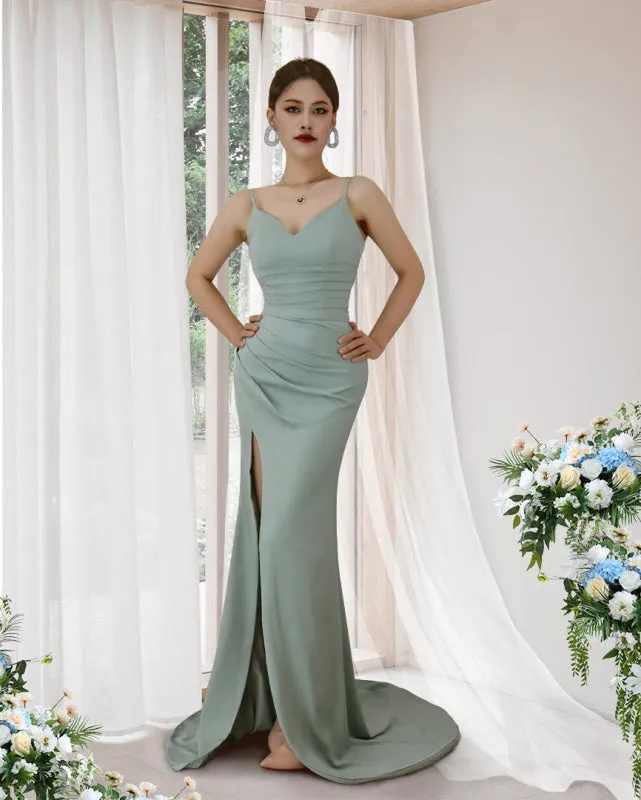 Seafoam Green Prom Dress with Spaghetti Strap and Pleated Slit