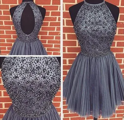 Sexy Backless Junior Short Open Back Halter Beads Tulle Gray Prom Dress Homecoming Dress