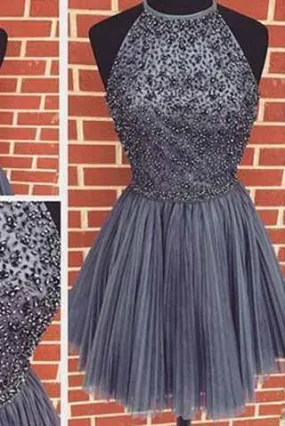 Sexy Backless Junior Short Open Back Halter Beads Tulle Gray Prom Dress Homecoming Dress