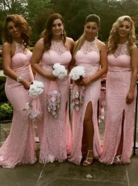 Sheath Round Neck Sweep Train Pink Lace Split Sequins Bridesmaid Dress