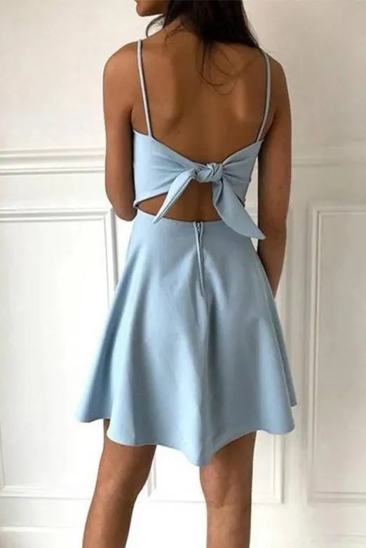 Simple Spaghetti Straps Light Blue Satin Homecoming Dresses Cute Short Prom Dresses