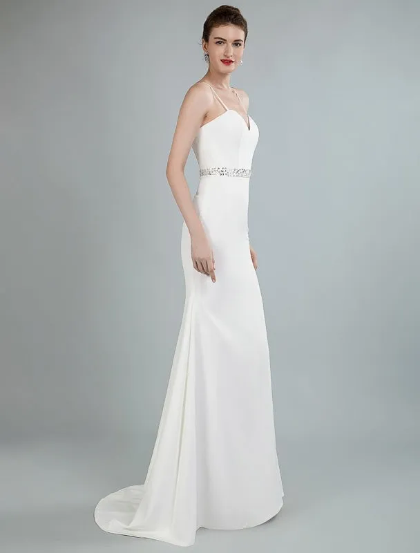 Simple Wedding Dress Sheath Sweetheart Neck Long Sleeves Beaded Bridal Dresses With Train Exclusive