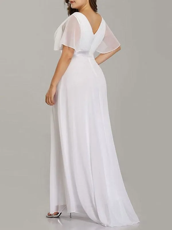 Simple Wedding Dress V Neck Short Sleeves A Line Floor Length Chiffon Sash Plus Size Bridal Gowns With Sweep Train