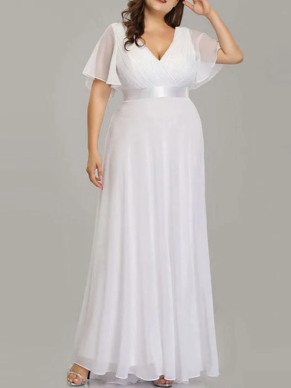 Simple Wedding Dress V Neck Short Sleeves A Line Floor Length Chiffon Sash Plus Size Bridal Gowns With Sweep Train