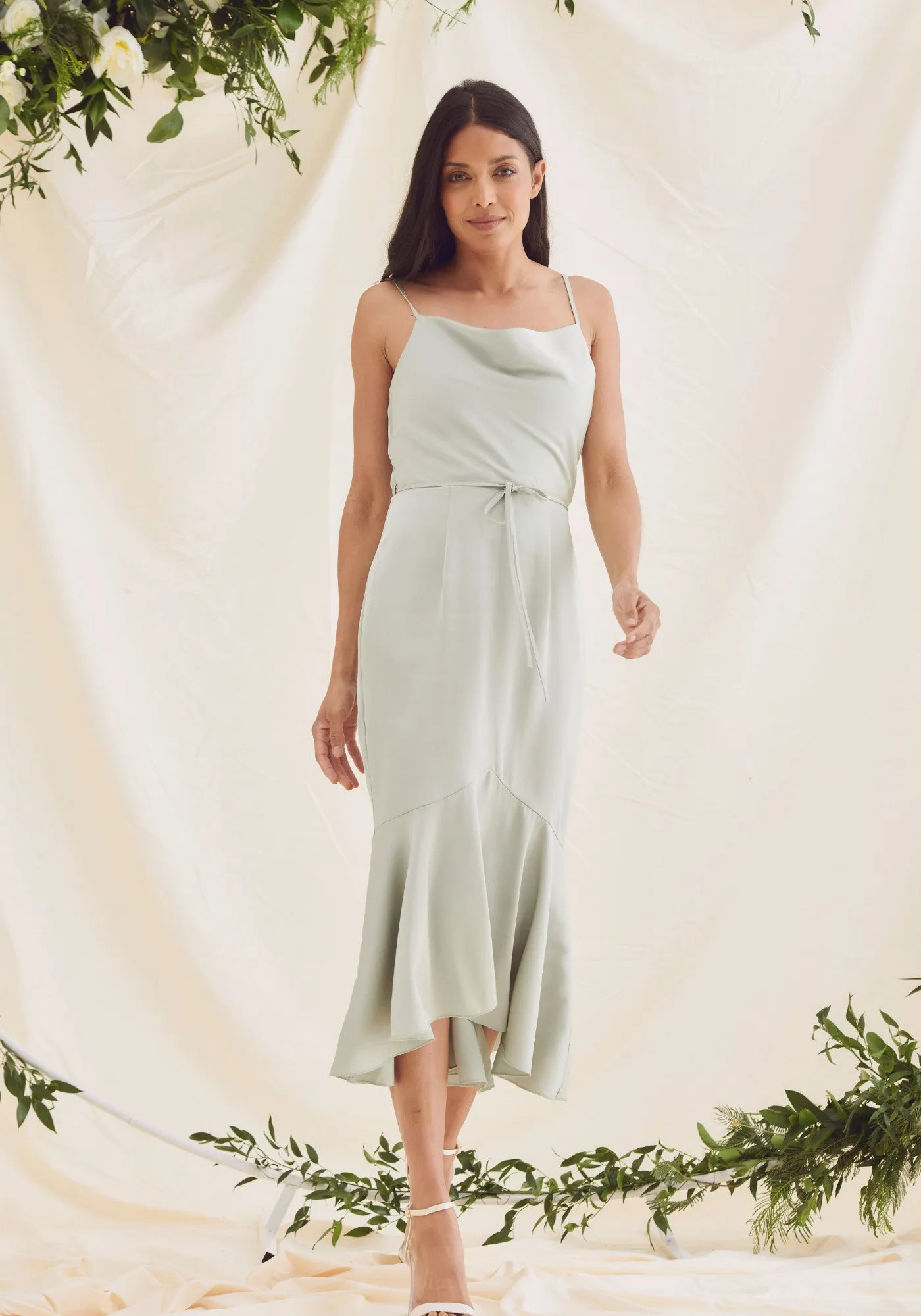 Sophia Cowl Neck Fishtail Satin Midi Dress - Sage Green