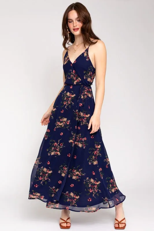 SPA STRAP FLORAL PRINTED MAXI WRAP DRESS