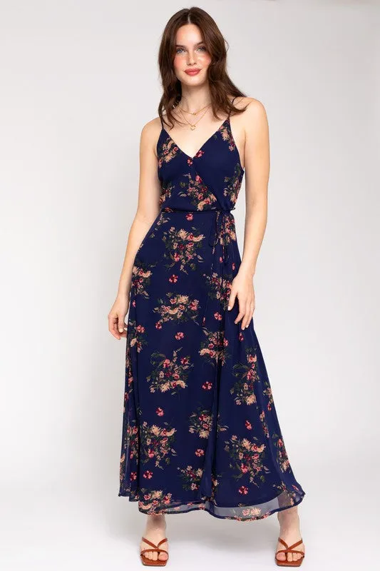 SPA STRAP FLORAL PRINTED MAXI WRAP DRESS