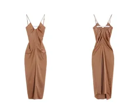 Spaghetti Strap V-Neck Plain Maxi Bodycon Dress aa11