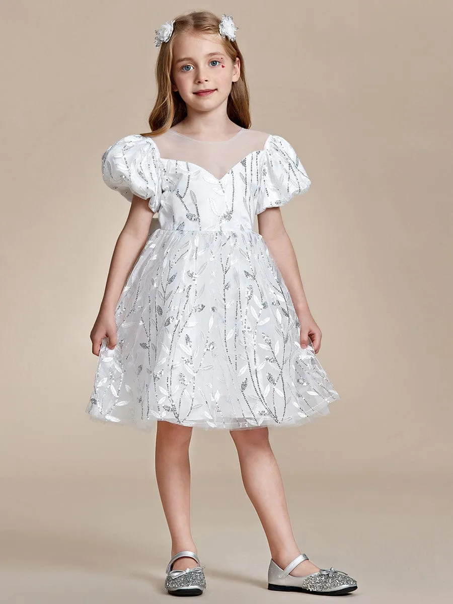 Sparkling Puffy Sleeves Leaf Sequin A-line Flower Girl Dress