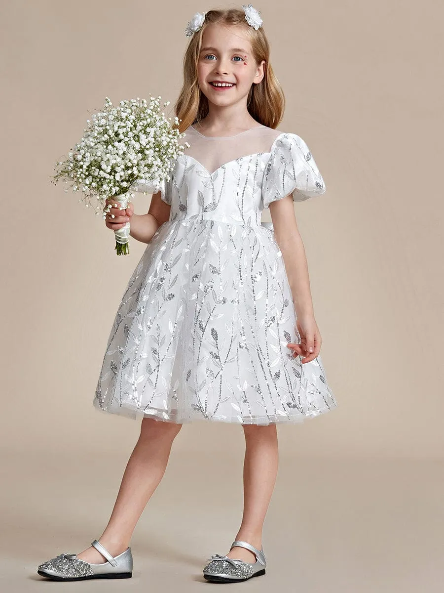 Sparkling Puffy Sleeves Leaf Sequin A-line Flower Girl Dress