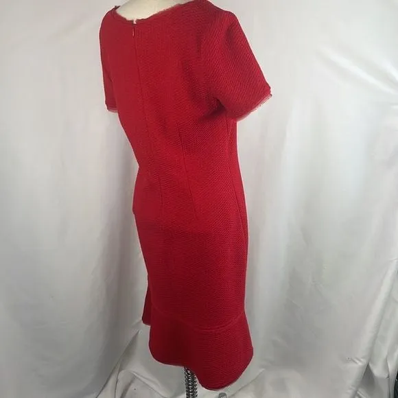 St JohnRed Textured Knit w Ruffle Bottom Dress