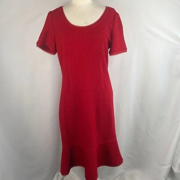 St JohnRed Textured Knit w Ruffle Bottom Dress