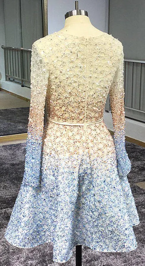 Stunning Beaded Sequins Long Sleeve V Neck Homecoming Dresses Short Prom Dresses