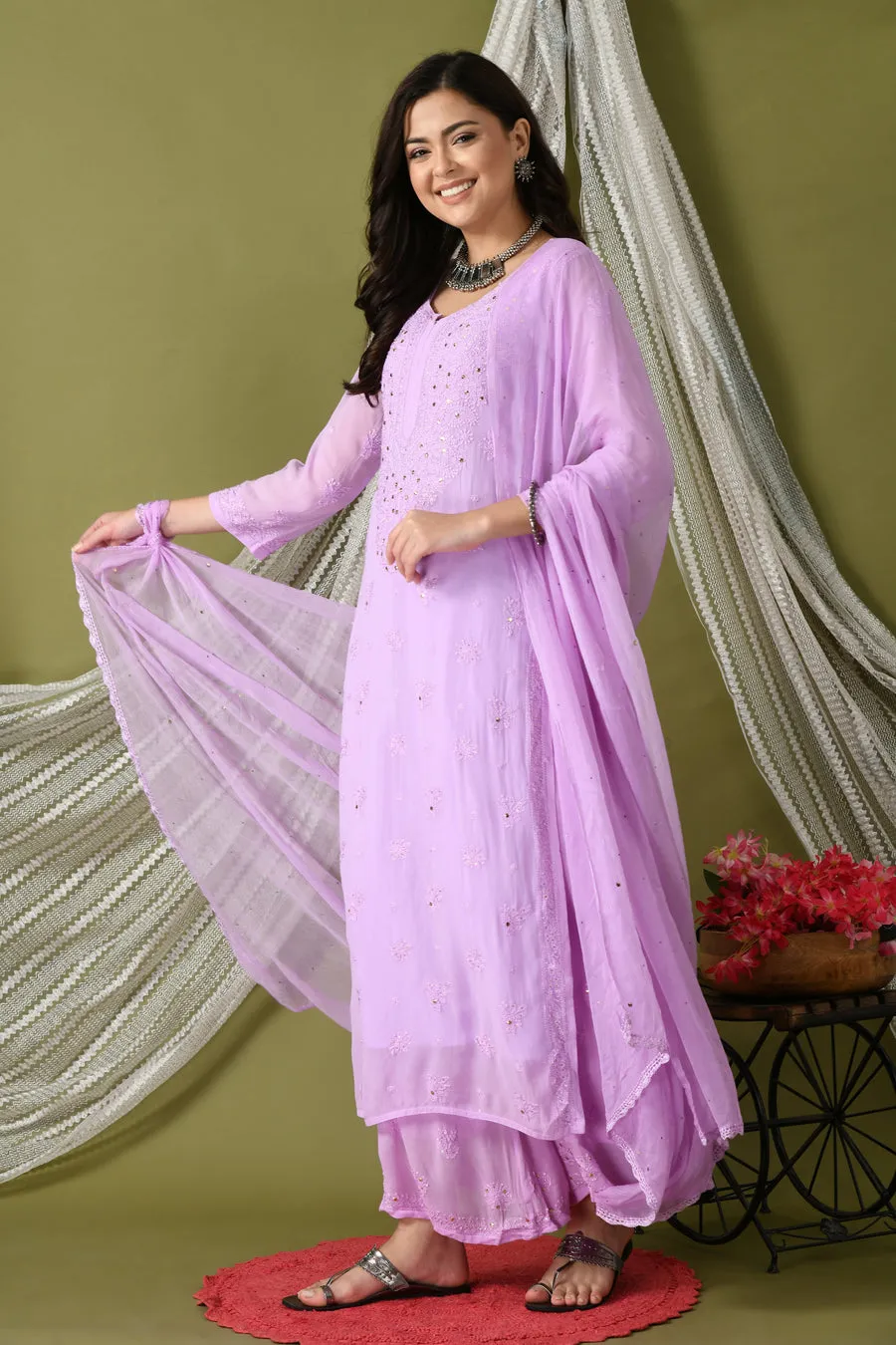 Surmai Premium Chikankari Viscose Mukaish Kurti Set