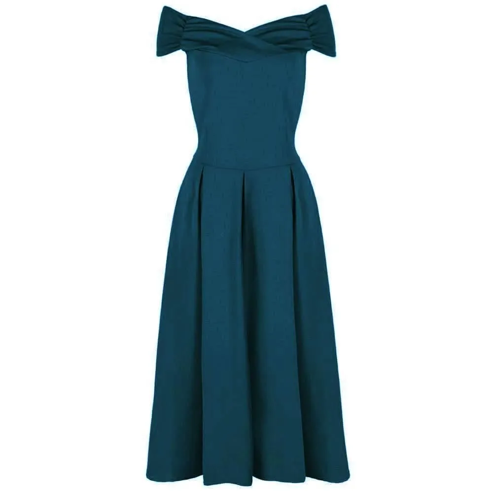 Teal Crossover Bardot 50s Swing Dress