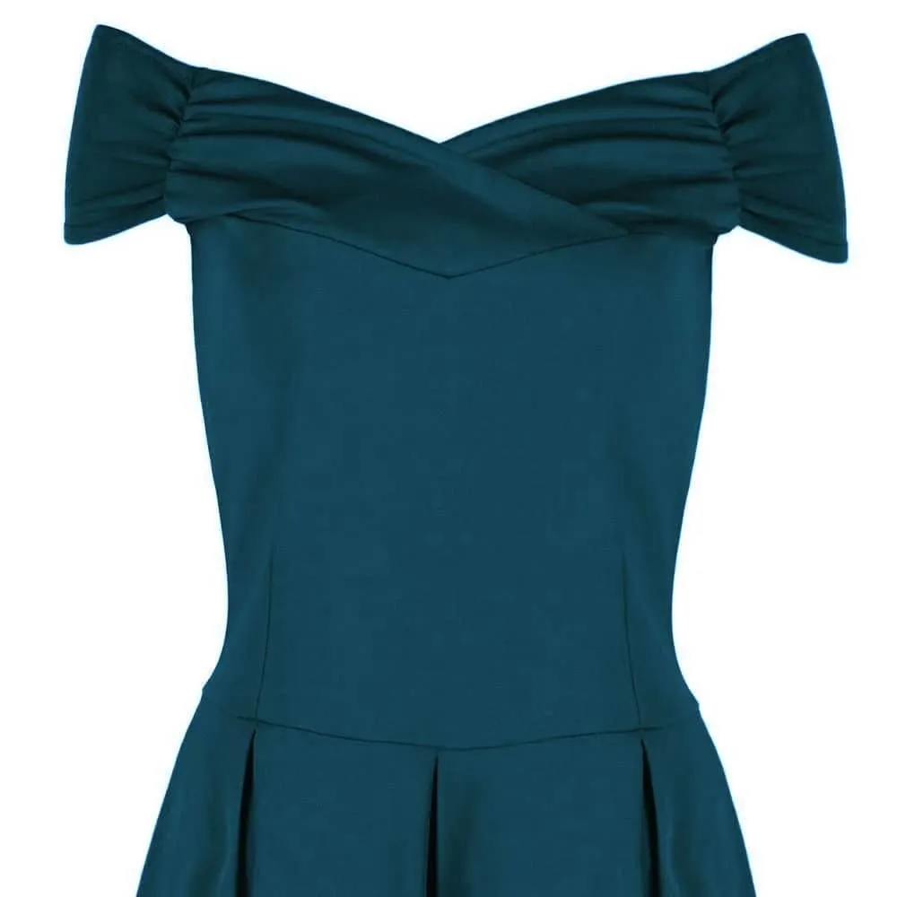 Teal Crossover Bardot 50s Swing Dress