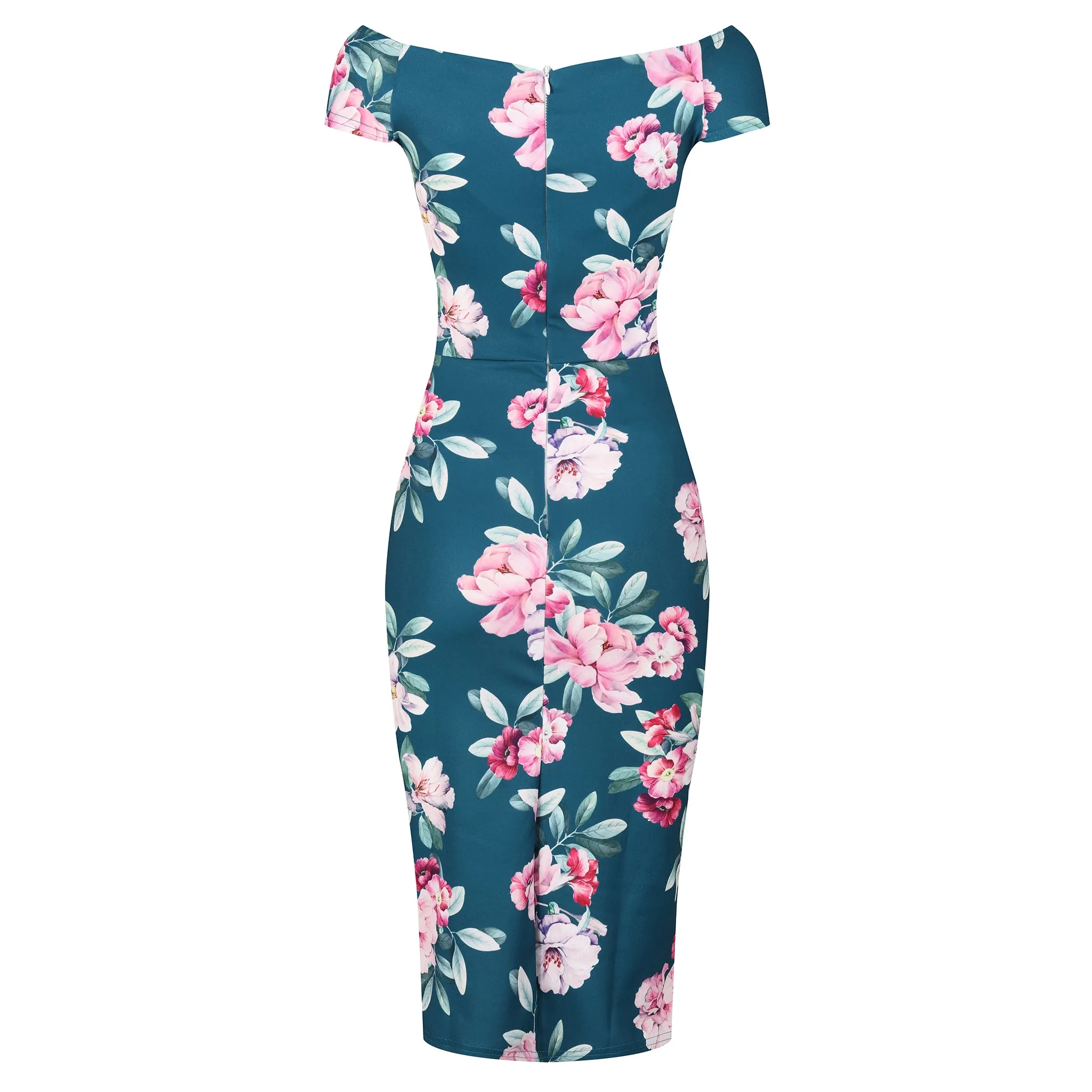 Teal Green & Pink Floral Print Cap Sleeve Bardot Neckline Wiggle Dress