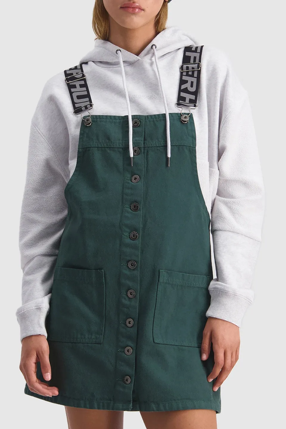 Tessa Racing Green Button Thru Dungaree Dress